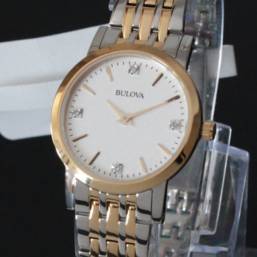 Bulova Ladies Sutton Classic Quartz Watch Four Diamond Accents Two Tone 27mm - Picture 7 of 13